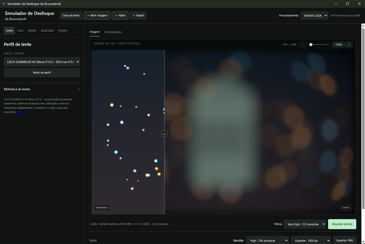 Lens Blur Simulator interface: sharp input on the left and optical bokeh output on the right